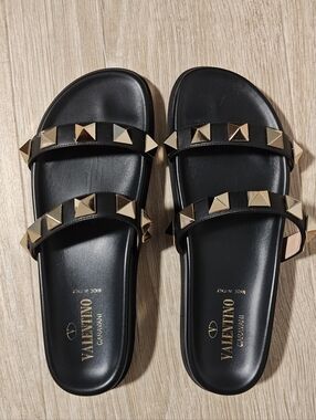 Valentino Black Leather Two Band Rockstuds Slides